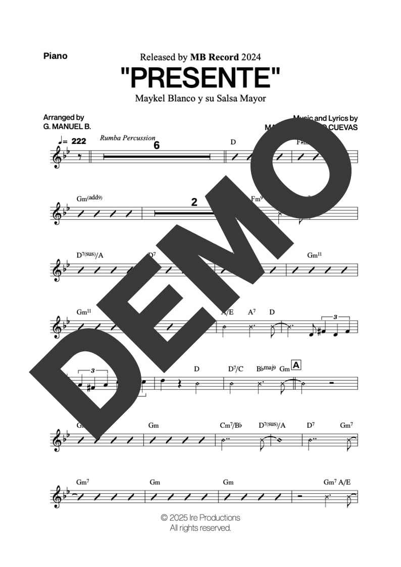 Maykel Blanco y su Salsa Mayor – Presente – Sheet Music Demo Page 2 – Includes charts for Trumpets, Trombones, Piano and Bass